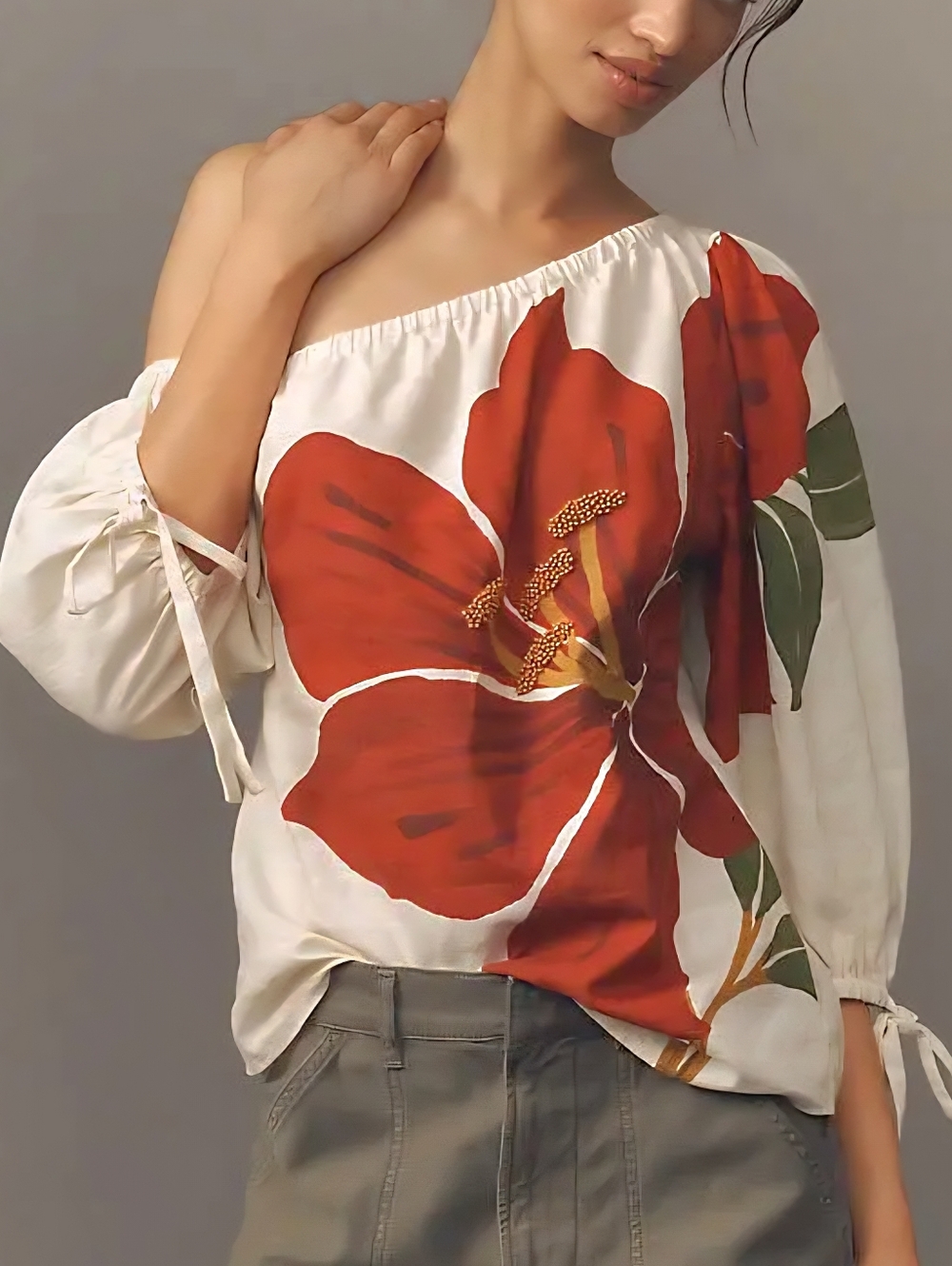 NWT Farm Rio x Anthropologie Linen Blend One-Shoulder Blouse Size XL